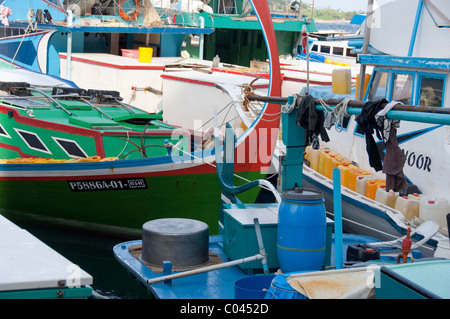 Maldives, Male. Island and capital city of the Maldives archipelago. Local fishing boats in the President's Jetty pier area. Stock Photo