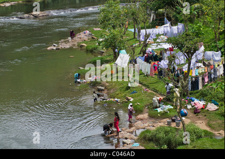 Woman doing laundry by the river, Kerala, India Stock Photo