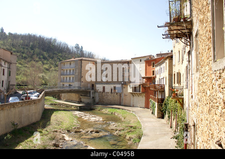 Low water level in the Sals River running through Rennes-les-Bains, in southern france Stock Photo