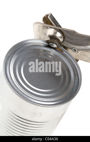 Metal Can and opener with white background Stock Photo