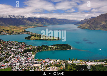View of Town and Lake Wakatipu from lookout, The Skyline Gondola and Luge, Queenstown, Otago Region, South Island, New Zealand Stock Photo