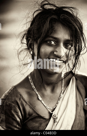 Young lower caste indian teenage girl / mother. Black and white Sepia Tone. Andhra Pradesh, India Stock Photo
