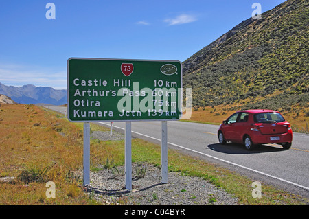 Road distance sign on State Highway 73, Canterbury Region, South Island, New Zealand Stock Photo