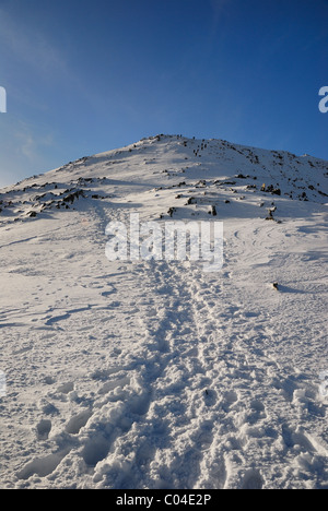 Snowy footpath leading towards the summit of the Old Man of Coniston in winter in the English lake District Stock Photo