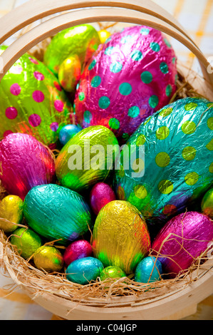 Traditional wooden basket filled with colorful foil wrapped chocolate easter eggs on yellow and white tablecloth Stock Photo