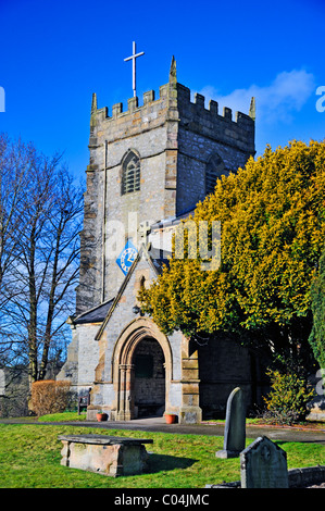 West tower and South porch. Church of Saint Mary the Virgin, Ingleton, North Yorkshire, England, United Kingdom, Europe. Stock Photo