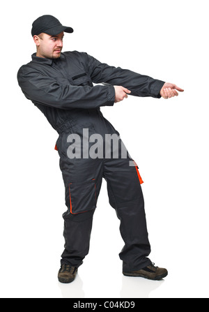 worker in pull position isolated on white background Stock Photo