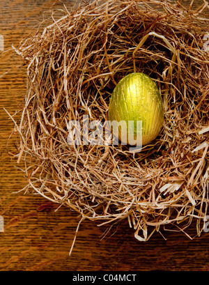 Single Gold foil wrapped chocolate easter egg in a hay birds nest on an oak table. Stock Photo