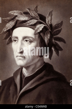 Dante Alighieri (1265-1321) Italian Poet wearing Crown of Leaves. Portrait c19th Albumen Print of Earlier Painting. Stock Photo