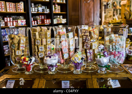 Artisan soaps on sale at Martin de Candre specialist savon shop Mestre at Fontevraud L'Abbaye, Loire Valley, France Stock Photo