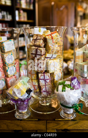 Artisan soaps on sale at Martin de Candre specialist savon shop Mestre at Fontevraud L'Abbaye, Loire Valley, France Stock Photo