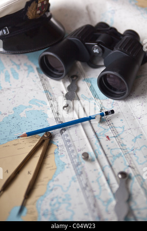 Marine navigation chart  and equipment Stock Photo