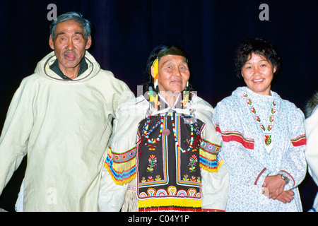 Eskimo Inuit Man and Women wearing Traditional Costume, Arctic Canada Stock Photo