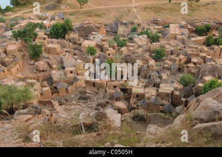 Aerial view of a part of the Dogon village of Yendouma , Bandiagara Escarpment . Mali Stock Photo