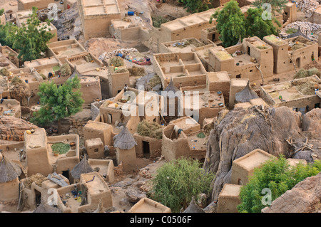 Aerial view of a part of the Dogon village of Yendouma , Bandiagara Escarpment . Mali Stock Photo