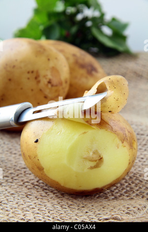 potatoes with a knife to clean the vegetables on the natural background Stock Photo