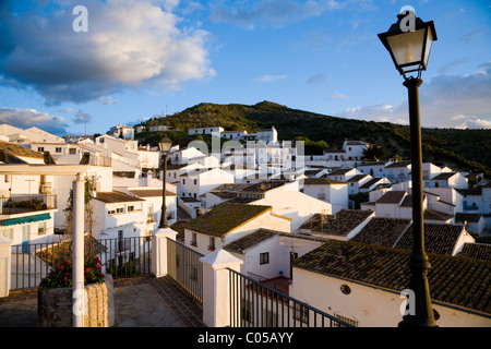 Typical traditional Spanish buildings at dusk / sunset / sun set, in the white village of Zahara, Spain. Stock Photo