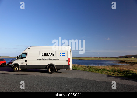 The Shetland mobile library van at Baltasound, Unst, the Shetland Islands Stock Photo