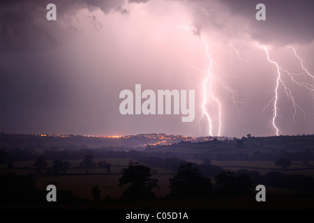 Lightning over the Cornish town of Launceston,UK Stock Photo