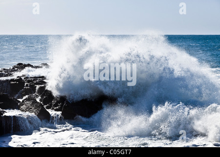 Heavy Atlantic seas with large waves crashing onto the beach at Ajuy on the Canary Island of Fuerteventura