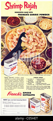 Original 1950s advertisement with recipe in American consumer magazine for FRENCH'S CURRIE POWDER and SPICES Stock Photo