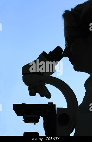 Silhouette of a female researcher looking through a microscope against a blue sky. Stock Photo