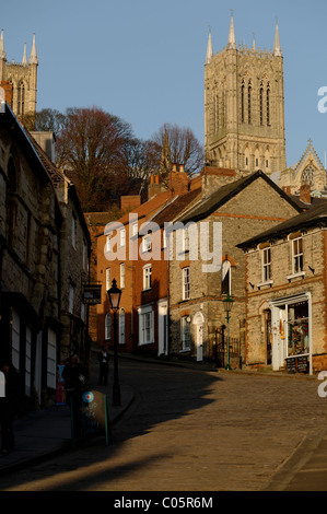 Looking up Steep Hill towards the Cathederal, Lincoln Stock Photo