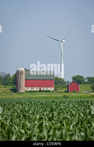 Wind turbine towers over a farm in Fond du Lac County Wisconsin. Stock Photo