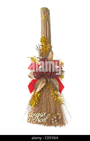 Christmas broom decorations isolated on white background. Stock Photo