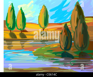 Digital painting of trees along the river side. The artist is experiencing the beauty of the scenery with trees and the river. Stock Photo