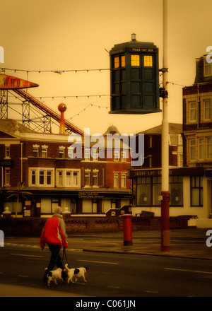 Dr Who Police Box hanging from a street lamp post in Blackpool Stock Photo