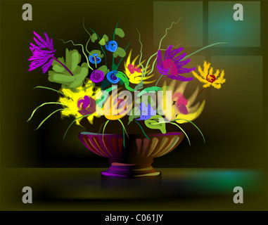 Digital painting of flower vase in colour background. The artist is experiencing the elegance and beauty of the bunch of flowers Stock Photo