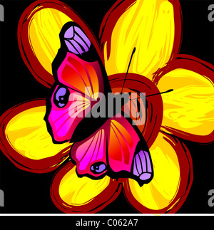 Digital painting of butterfly sitting on a flower. The artist is experiencing the beauty of the butterfly along with flower. Stock Photo