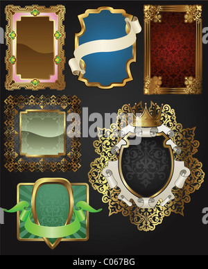 Vintage retro glossy gold frames and labels in a variety of retro antique styles. Stock Photo