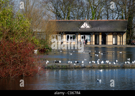 Alexandra Park boating lake and lakeside cafe, London, England Stock Photo