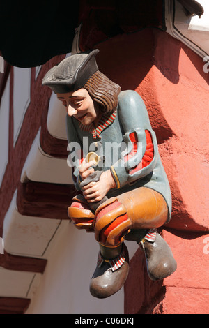 Carved figure on the corner of a house, Karlstadt, Mainfranken, Lower Franconia, Franconia, Bavaria, Germany, Europe Stock Photo