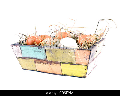 Five brown eggs and one white egg in old-fashioned flowerpot filled with hay on white background Stock Photo