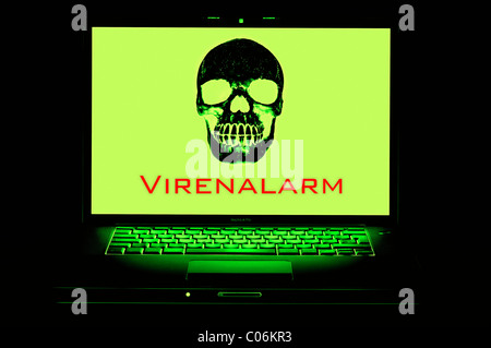 Skull on a computer screen, virus alarm, danger through the Internet, symbolic image Stock Photo