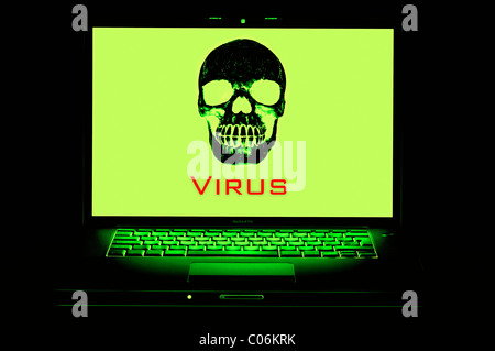 Skull on a computer screen, virus, danger through the Internet, symbolic image Stock Photo