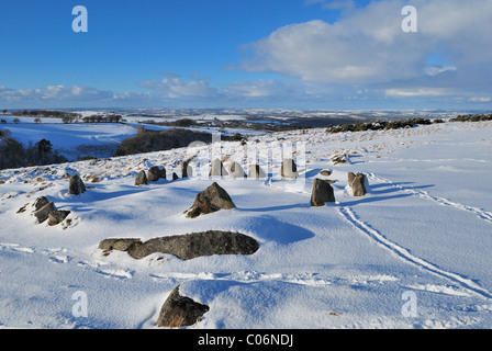 Nine Maidens Stone Circle on Dartmoor, Devon, UK, in the snow Stock Photo