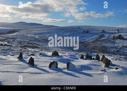 Nine Maidens Stone Circle on Dartmoor, Devon, UK, in the snow Stock Photo