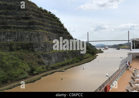 The Gaillard Cut in the Panama Canal crosses the Continental Divide and was one of the hardest parts of the canal to build. Stock Photo