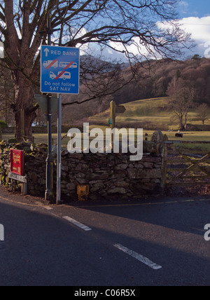 Warning sign not to follow Sat Nav in Grasmere in the Lake district Stock Photo