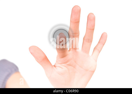 young woman pushing a blank button Stock Photo