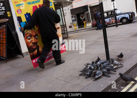 A movie industry 'standee' (a display board placed in cinema foyers) is carried past pigeons through London's Soho after use. Stock Photo