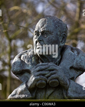 Plinth with the Statue of Sir Peter Markham Scott, CH, CBE, DSC*, FRS, FZS a British ornithologist, and conservationist, at Martin Mere, Burscough, UK Stock Photo