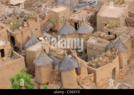 Aerial view of a part of the Dogon village of Yendouma , Bandiagara Escarpment . Mali Stock Photo