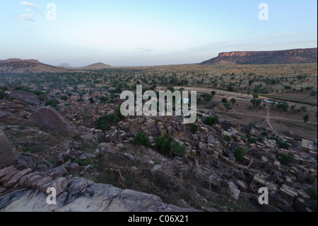 Aerial view of a part of the Dogon village of Yendouma , Bandiagara Escarpment . Mali Stock Photo