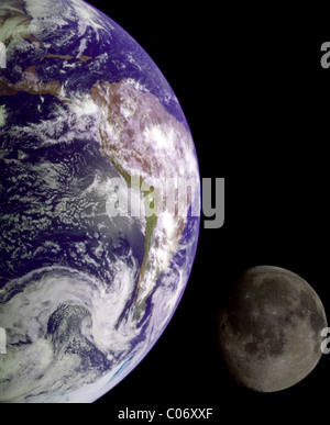 Separate images of the Earth and Moon taken by the Galileo spacecraft were combined to generate this view. Stock Photo