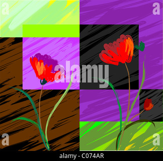Digital painting of plant and flowers.The artist is experiencing the beauty of the flowers with colourful tiles as background. Stock Photo